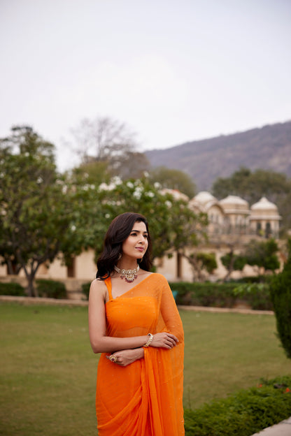 Women's Orange Hand Embroidered Mukaish Chiffon Saree