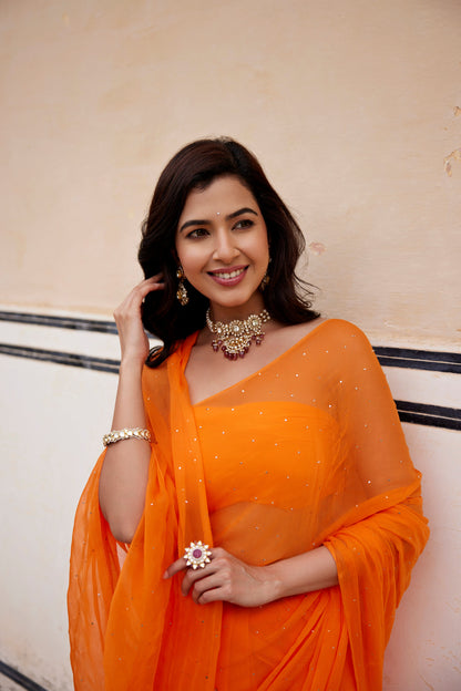 Women's Orange Hand Embroidered Mukaish Chiffon Saree