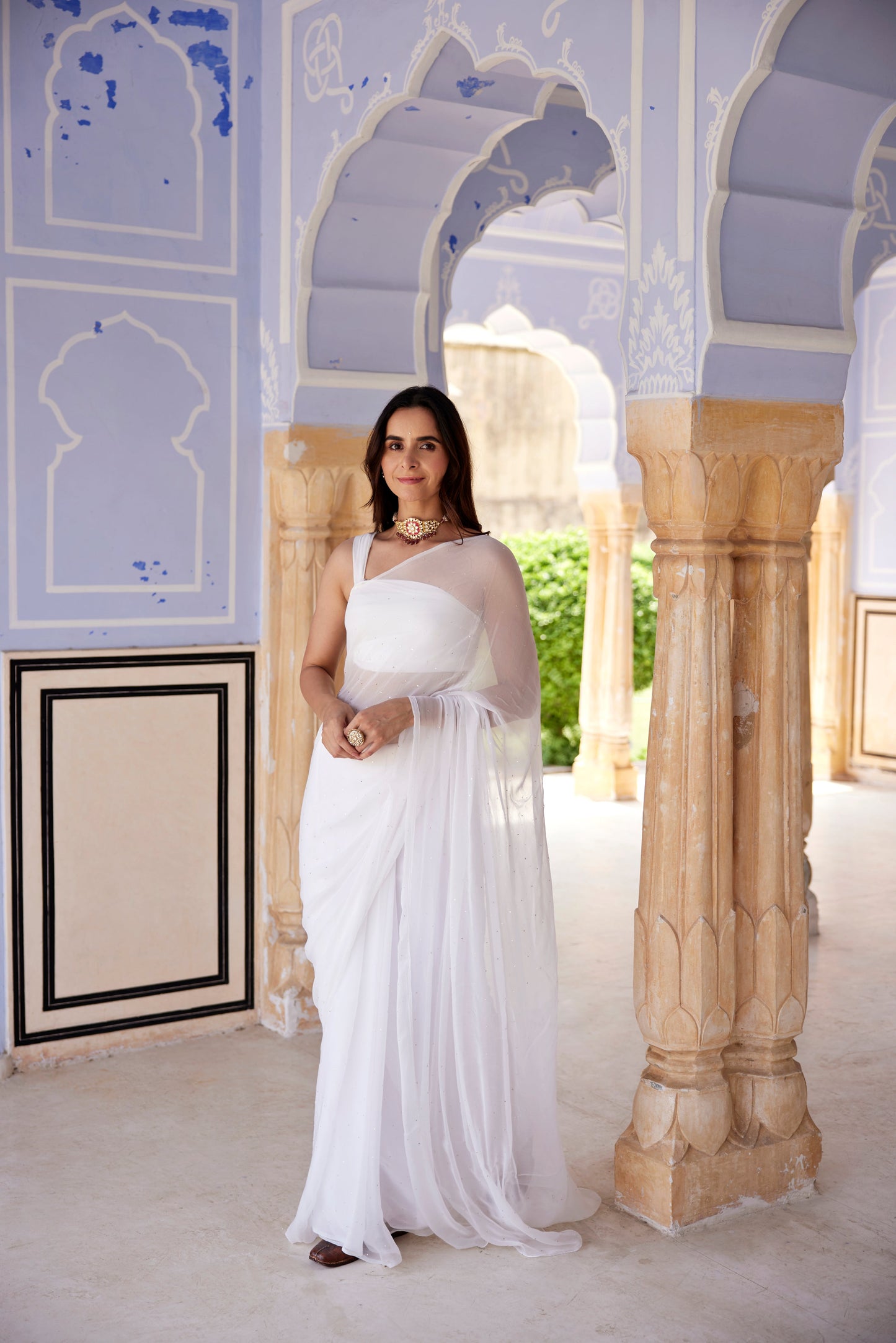 Women's White Hand Embroidered Mukaish Chiffon Saree