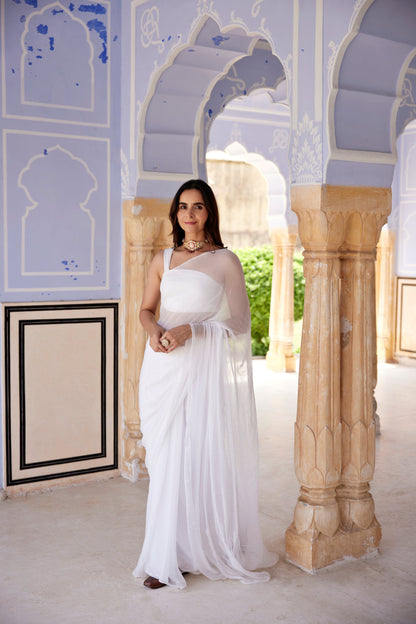Women's White Hand Embroidered Mukaish Chiffon Saree