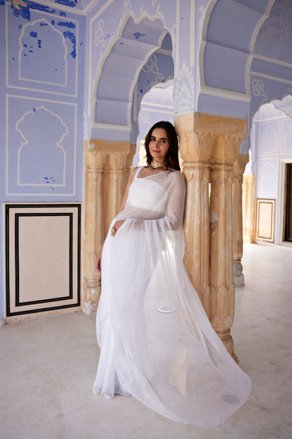 Women's White Hand Embroidered Mukaish Chiffon Saree