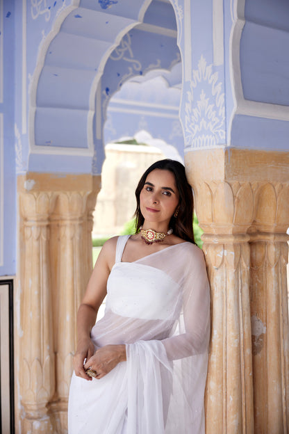 Women's White Hand Embroidered Mukaish Chiffon Saree