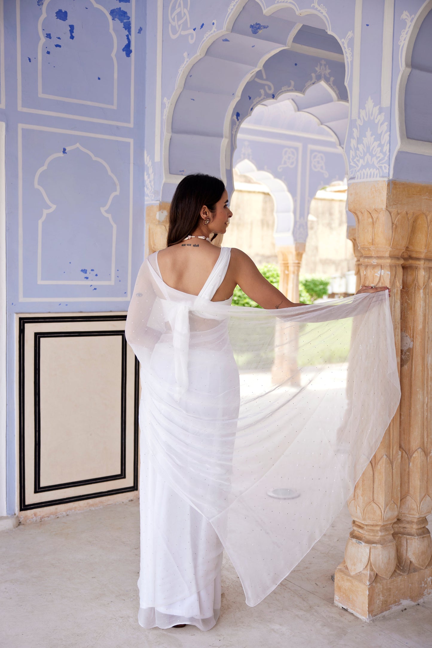 Women's White Hand Embroidered Mukaish Chiffon Saree