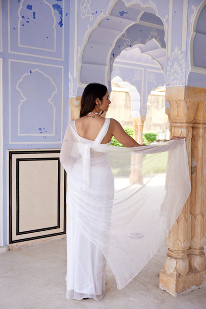 Women's White Hand Embroidered Mukaish Chiffon Saree