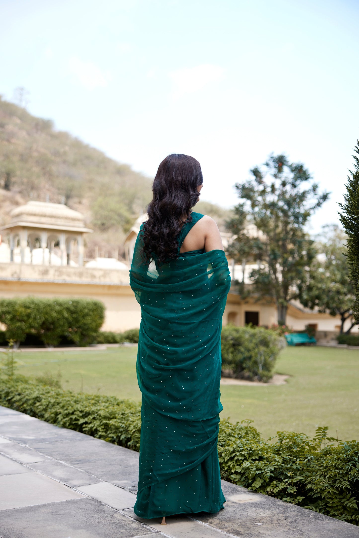 Women's Bottle Green Hand Embroidered Mukaish Chiffon Saree
