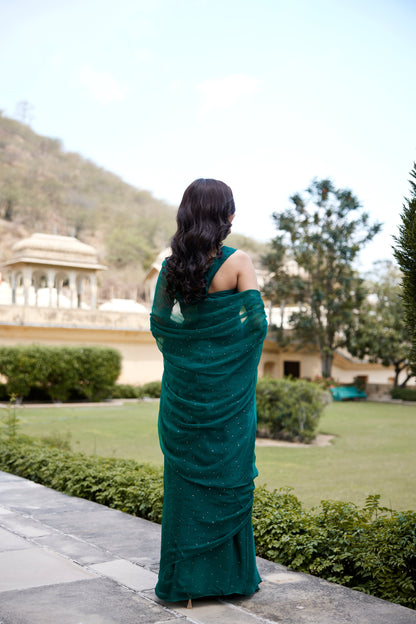 Women's Bottle Green Hand Embroidered Mukaish Chiffon Saree