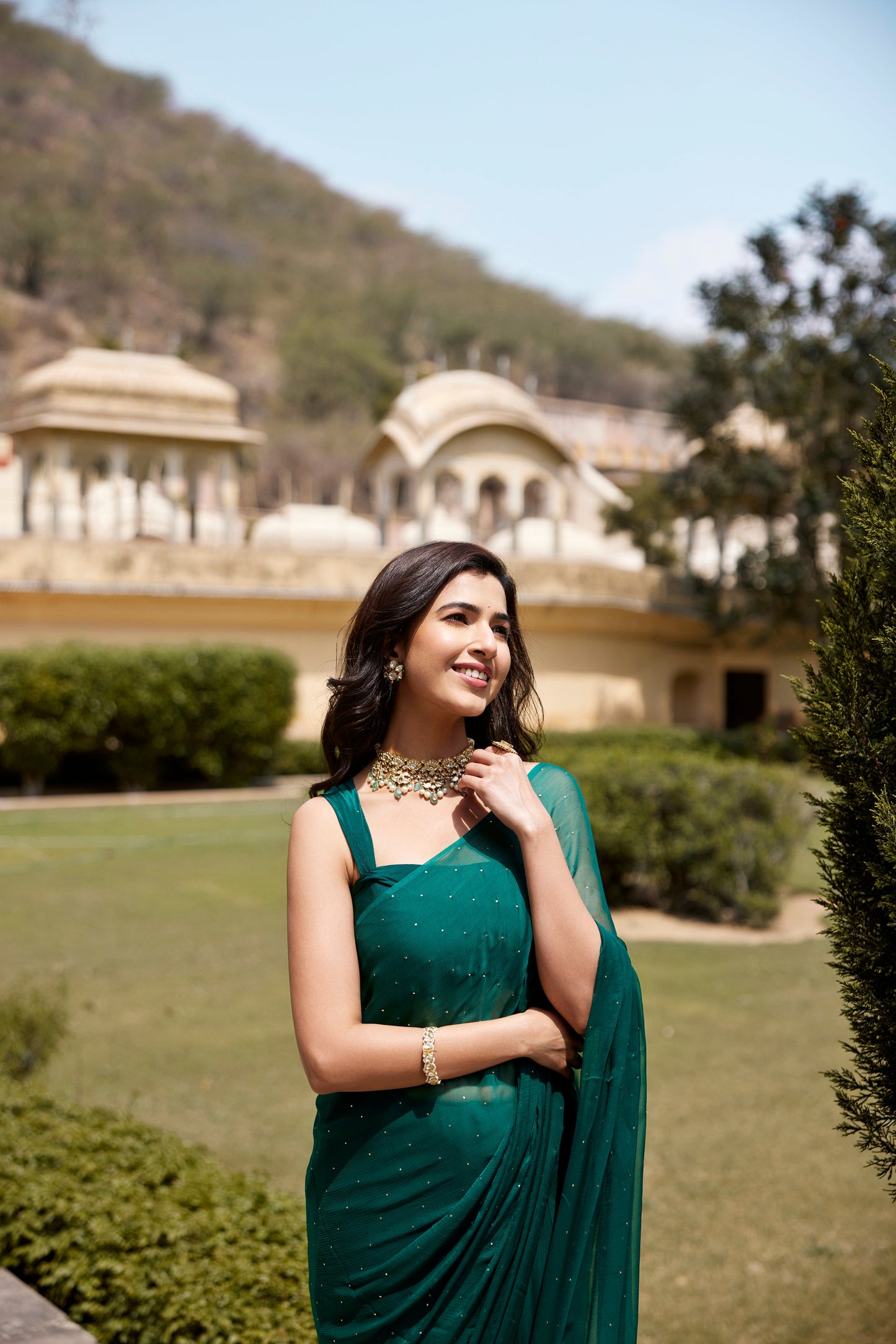 Women's Bottle Green Hand Embroidered Mukaish Chiffon Saree