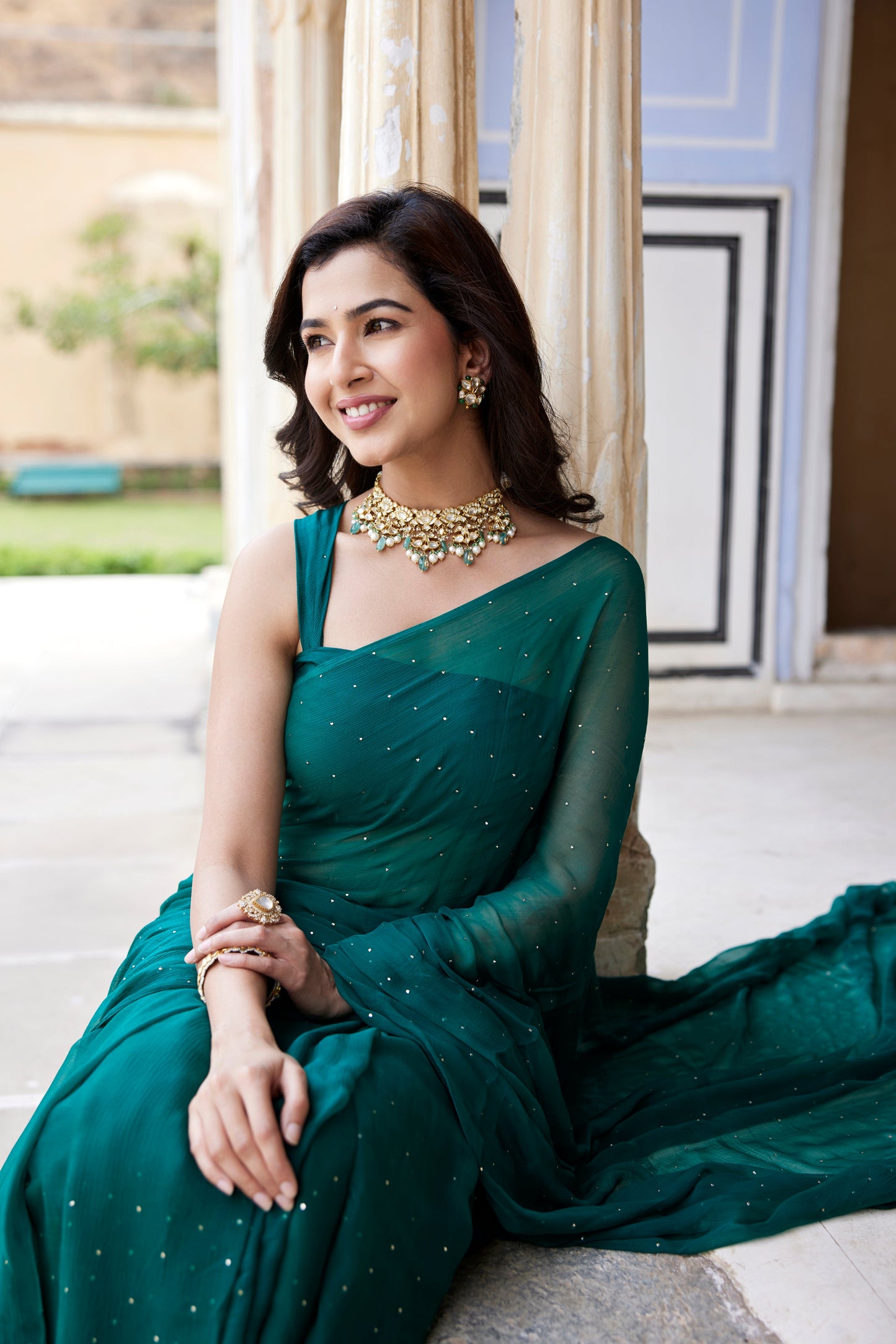 Women's Bottle Green Hand Embroidered Mukaish Chiffon Saree