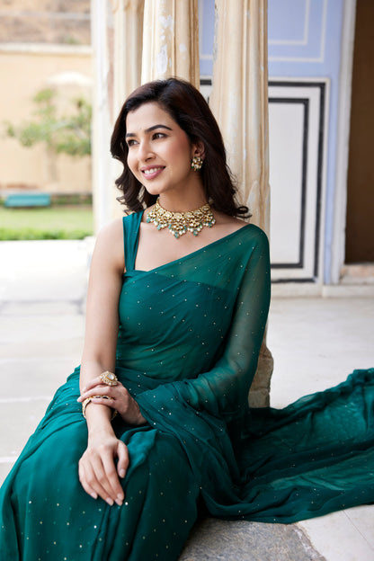 Women's Bottle Green Hand Embroidered Mukaish Chiffon Saree