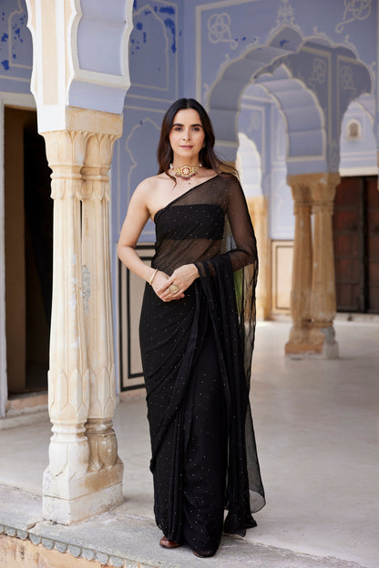 Women's Black Hand Embroidered Mukaish Chiffon Saree