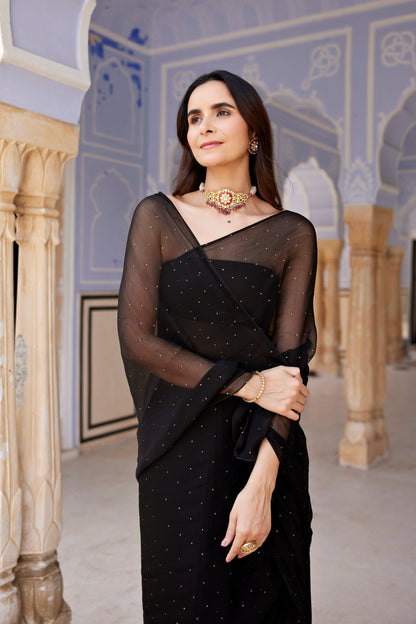 Women's Black Hand Embroidered Mukaish Chiffon Saree