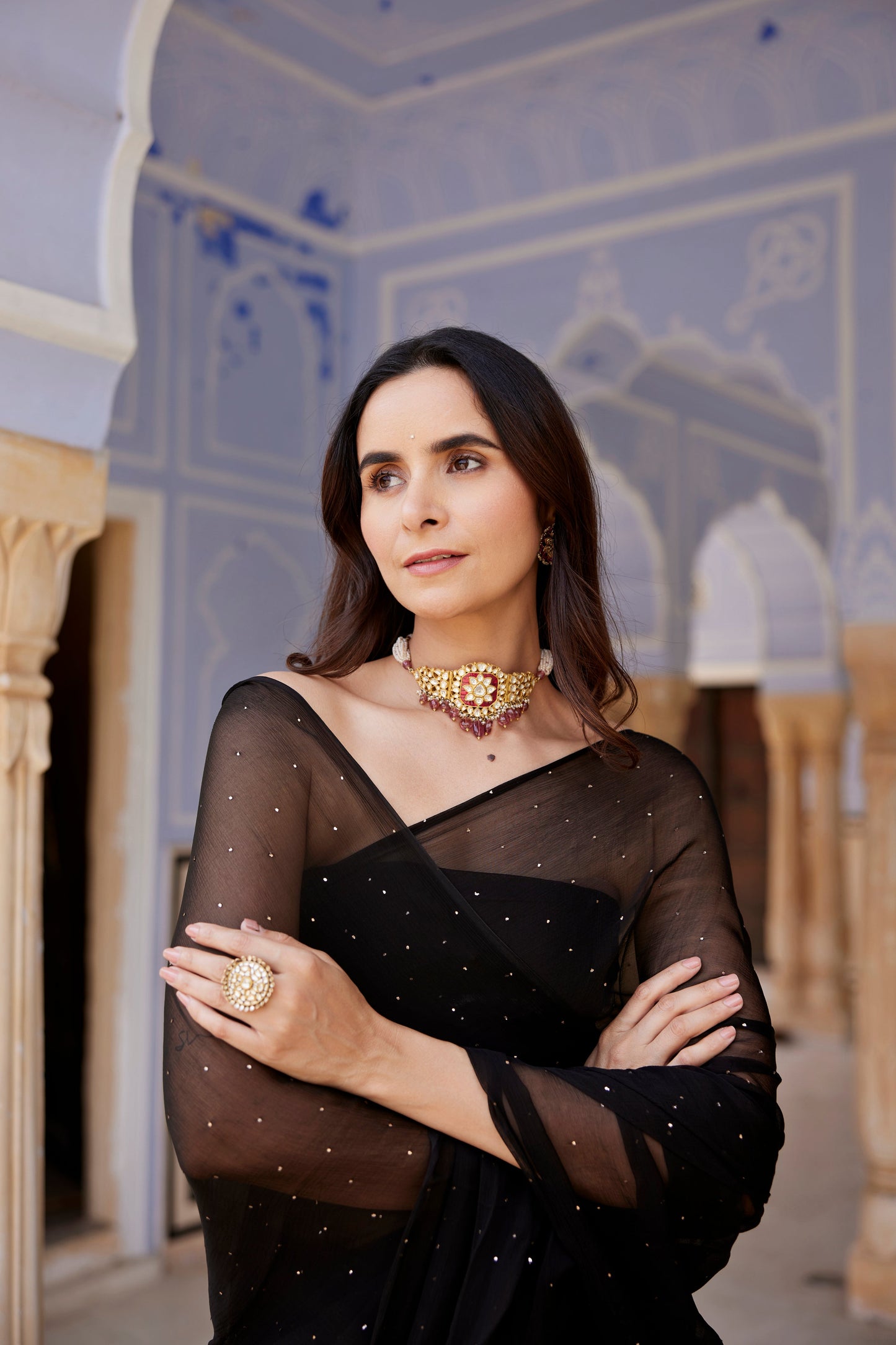 Women's Black Hand Embroidered Mukaish Chiffon Saree