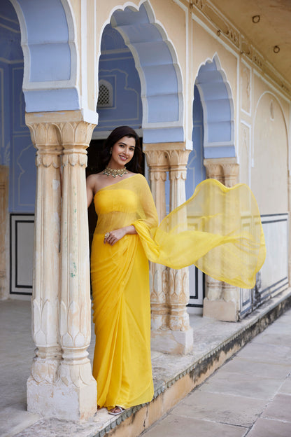 Women's Yellow Hand Embroidered Mukaish Chiffon Saree