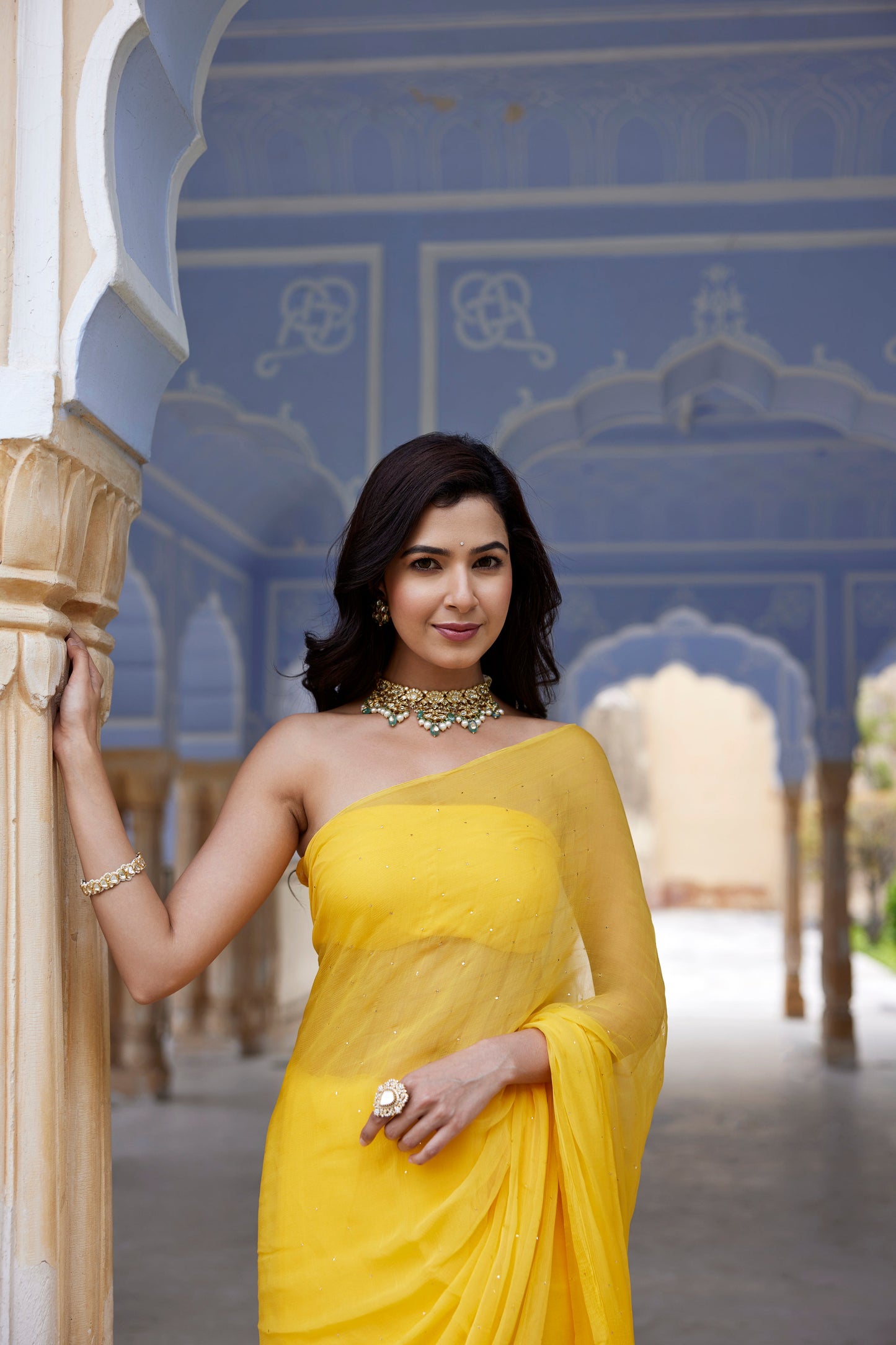 Women's Yellow Hand Embroidered Mukaish Chiffon Saree