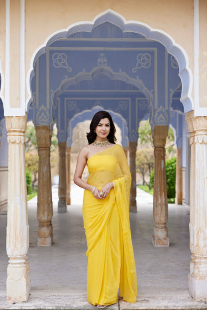 Women's Yellow Hand Embroidered Mukaish Chiffon Saree