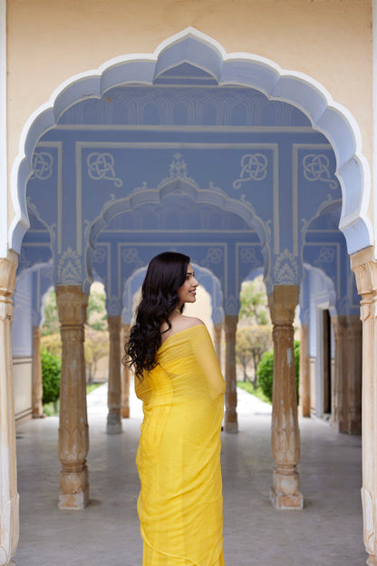 Women's Yellow Hand Embroidered Mukaish Chiffon Saree