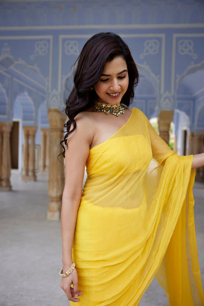 Women's Yellow Hand Embroidered Mukaish Chiffon Saree