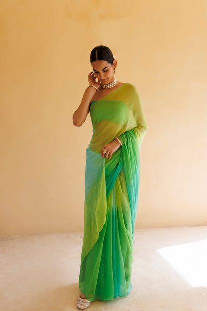 Women's Green Shaded Mukaish Hand Embroidered Chiffon Saree