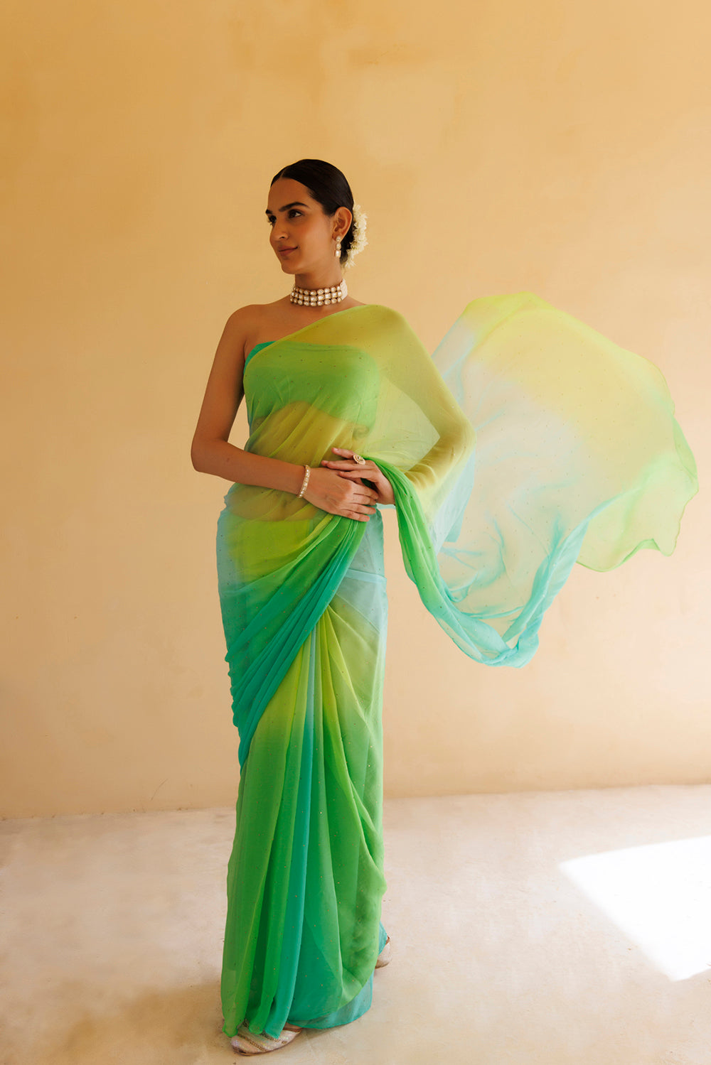 Women's Green Shaded Mukaish Hand Embroidered Chiffon Saree