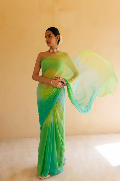 Women's Green Shaded Mukaish Hand Embroidered Chiffon Saree