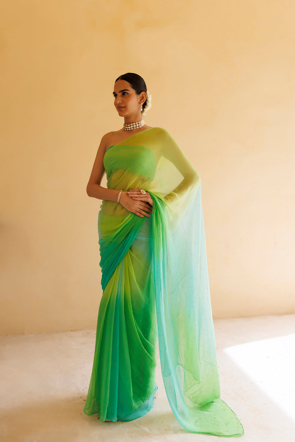 Women's Green Shaded Mukaish Hand Embroidered Chiffon Saree