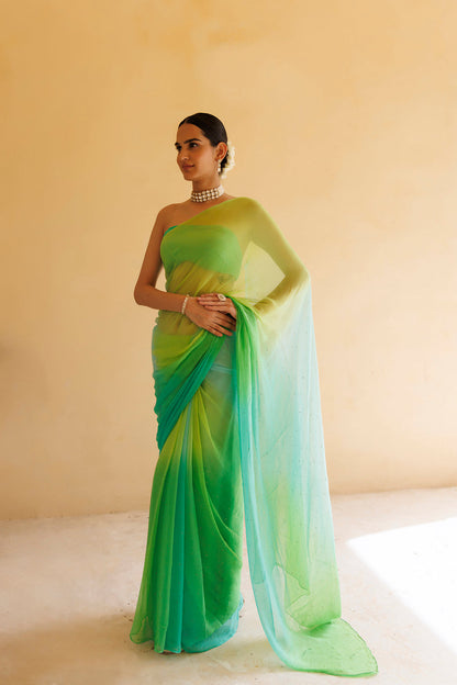 Women's Green Shaded Mukaish Hand Embroidered Chiffon Saree