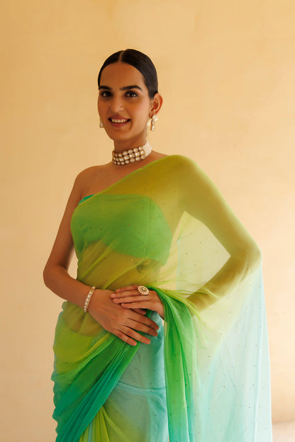 Women's Green Shaded Mukaish Hand Embroidered Chiffon Saree