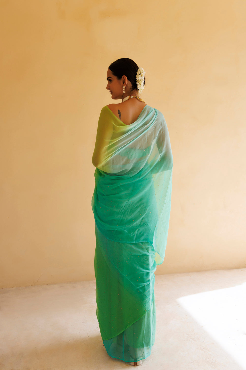 Women's Green Shaded Mukaish Hand Embroidered Chiffon Saree