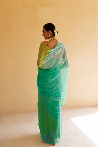 Women's Green Shaded Mukaish Hand Embroidered Chiffon Saree