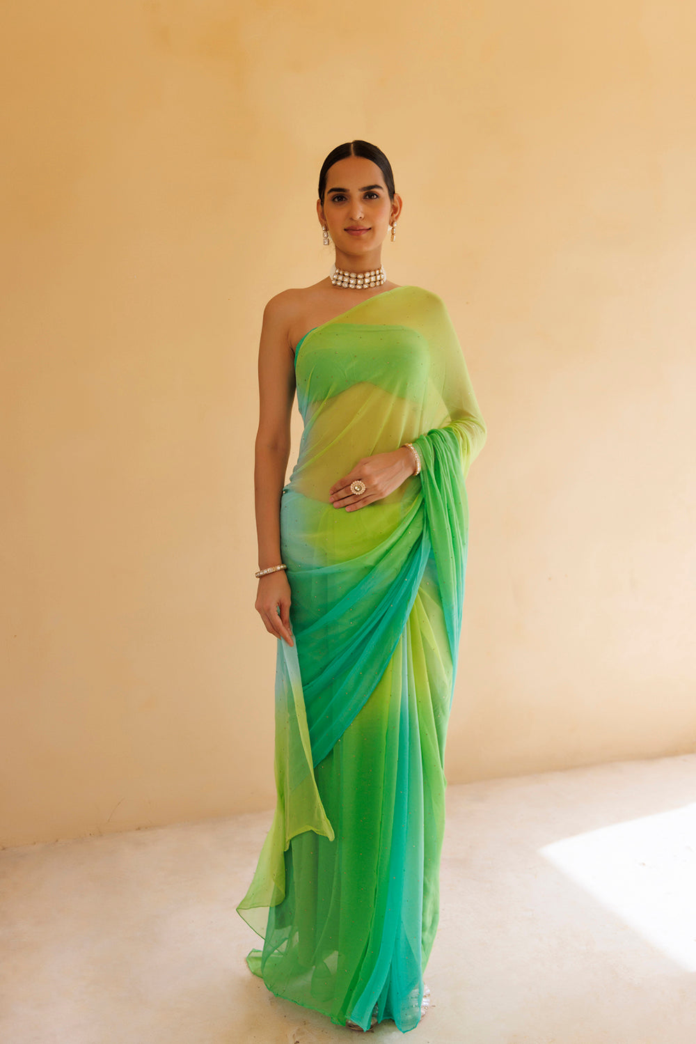 Women's Green Shaded Mukaish Hand Embroidered Chiffon Saree