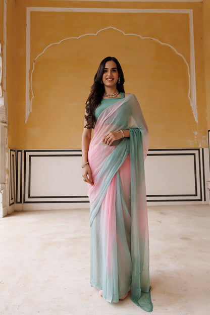 Women's Pink Green Shaded Hand Embroidered Mukaish Chiffon Saree