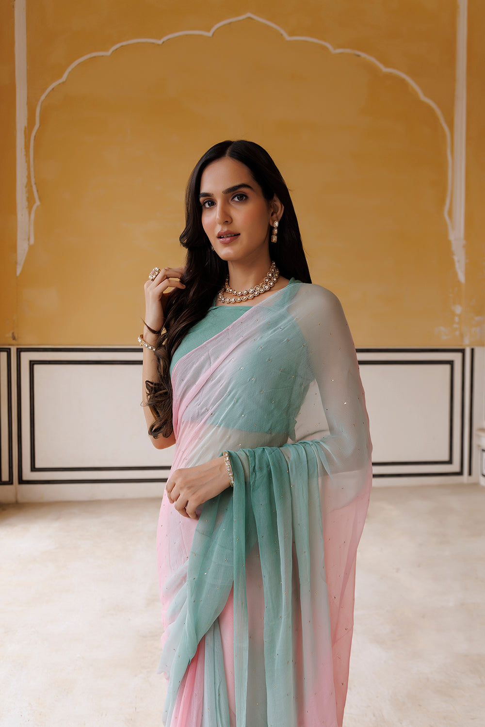 Women's Pink Green Shaded Hand Embroidered Mukaish Chiffon Saree