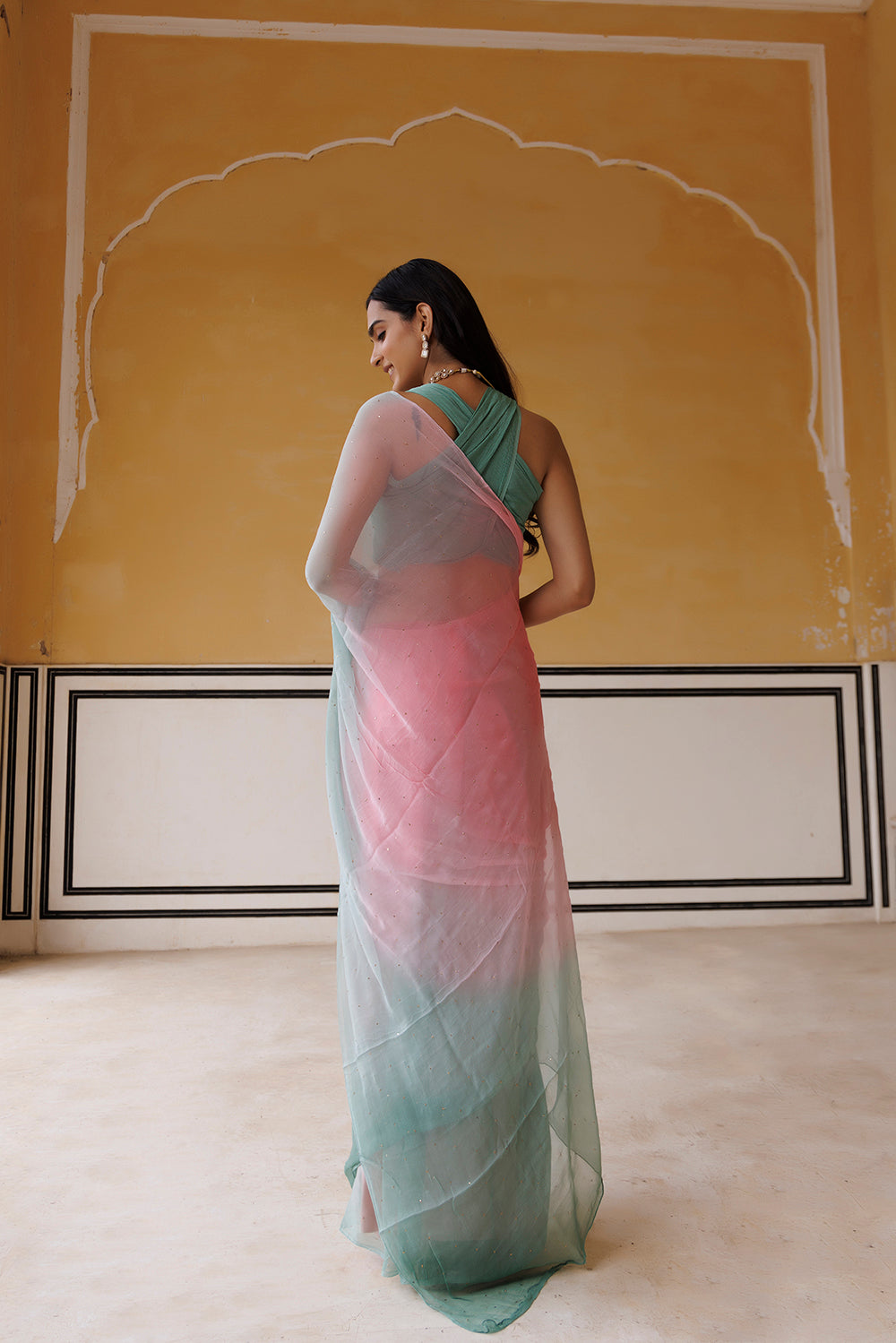 Women's Pink Green Shaded Hand Embroidered Mukaish Chiffon Saree