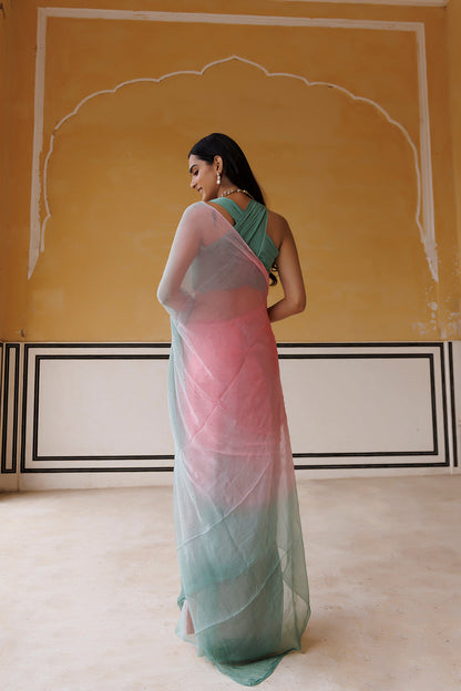 Women's Pink Green Shaded Hand Embroidered Mukaish Chiffon Saree