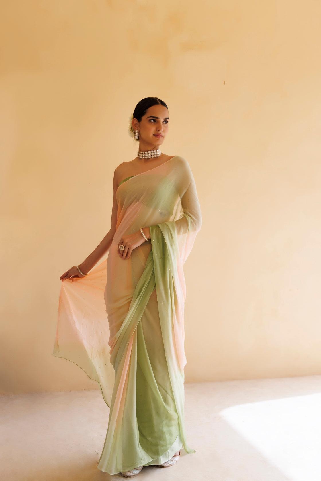 Women's Peach Green Shaded Hand Embroidered Mukaish Chiffon Saree