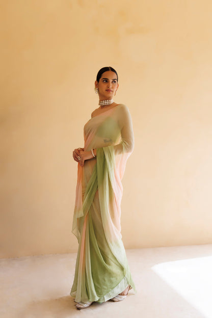 Women's Peach Green Shaded Hand Embroidered Mukaish Chiffon Saree