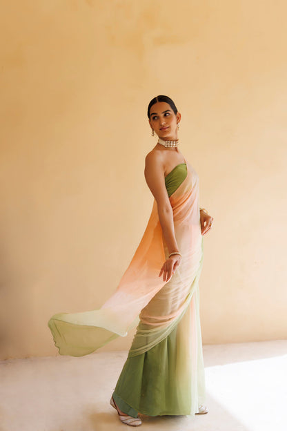 Women's Peach Green Shaded Hand Embroidered Mukaish Chiffon Saree