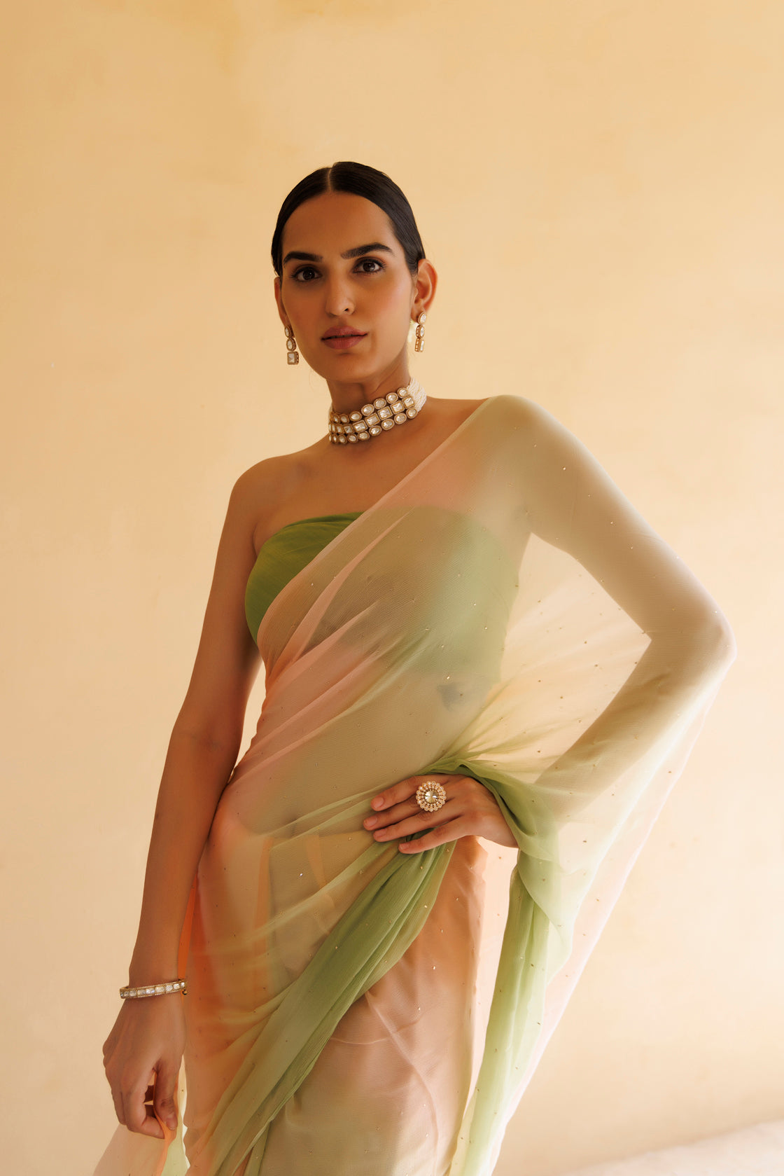 Women's Peach Green Shaded Hand Embroidered Mukaish Chiffon Saree
