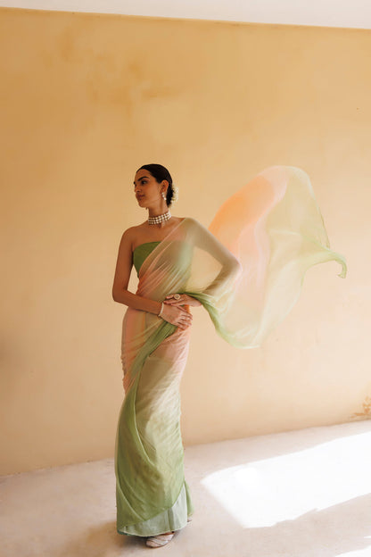 Women's Peach Green Shaded Hand Embroidered Mukaish Chiffon Saree