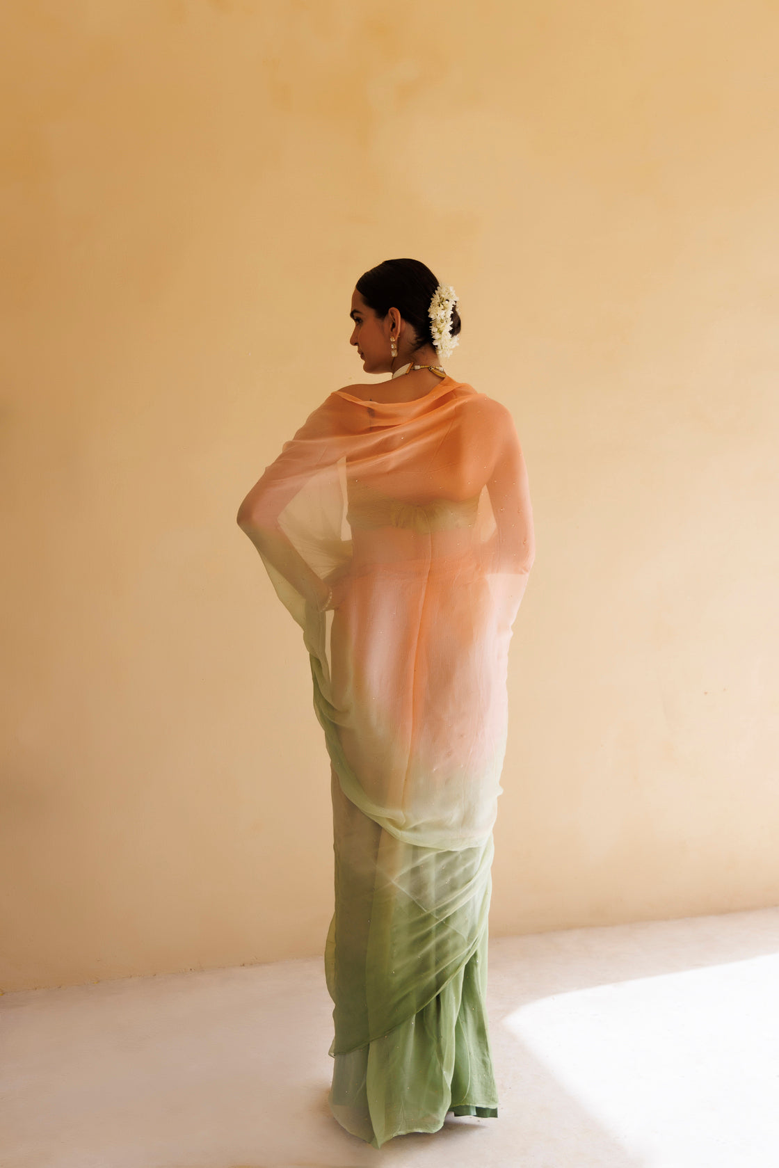Women's Peach Green Shaded Hand Embroidered Mukaish Chiffon Saree