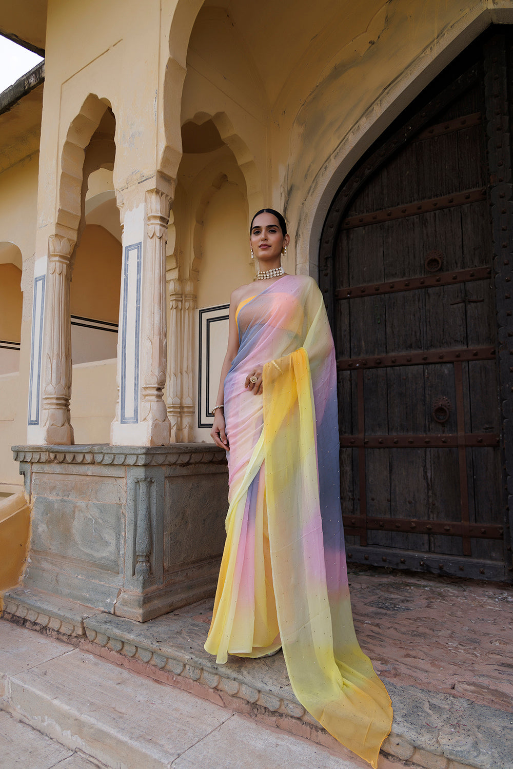 Women's Multi Shaded Hand Embroidered Mukaish Chiffon Saree