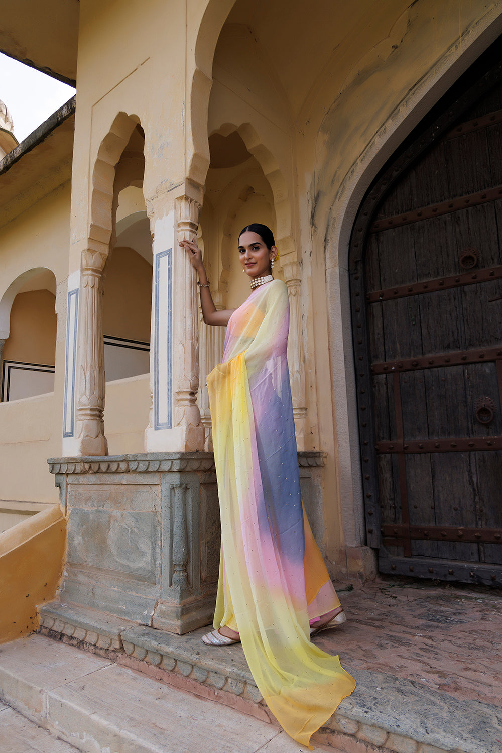 Women's Multi Shaded Hand Embroidered Mukaish Chiffon Saree