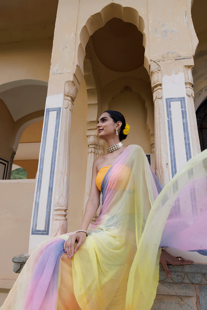 Women's Multi Shaded Hand Embroidered Mukaish Chiffon Saree