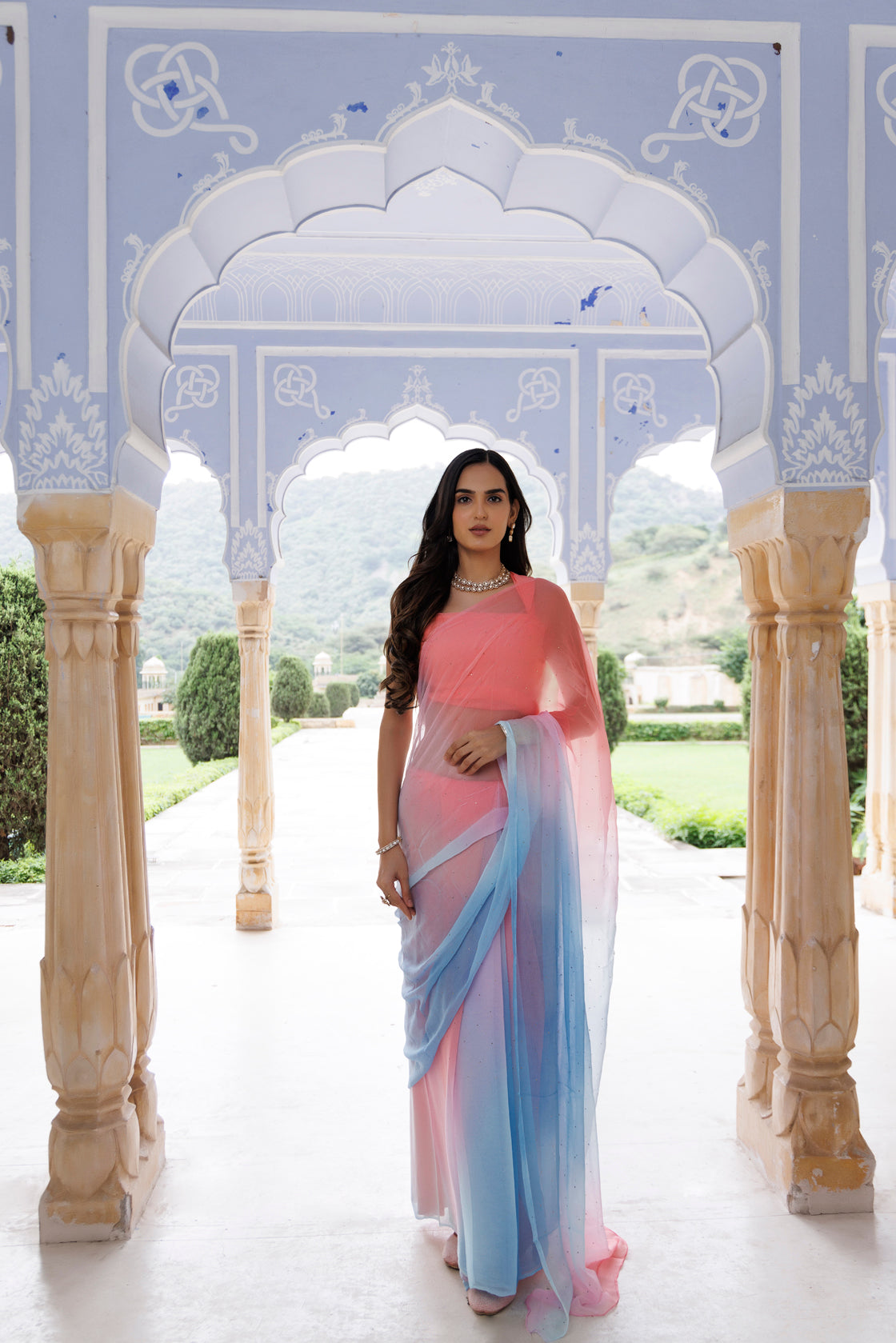 Women's Pink Blue Shaded Hand Embroidered Mukaish Chiffon Saree
