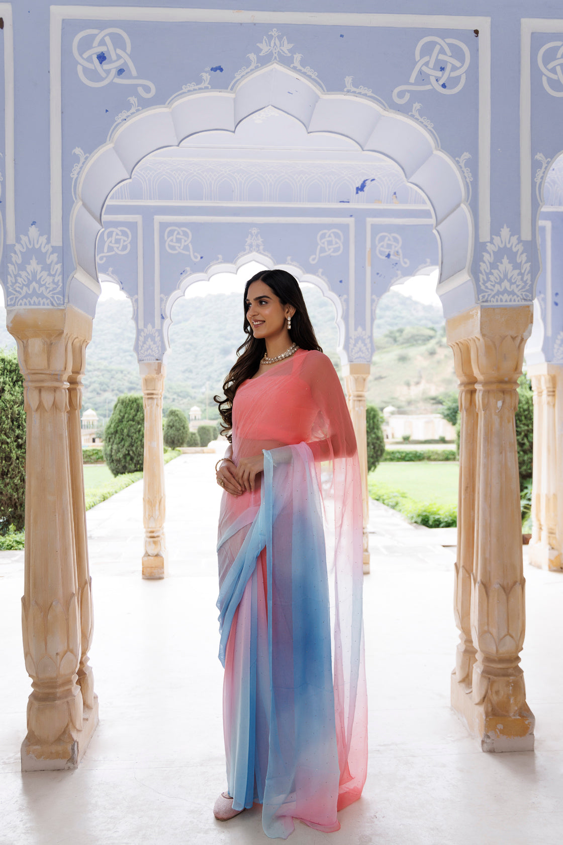 Women's Pink Blue Shaded Hand Embroidered Mukaish Chiffon Saree