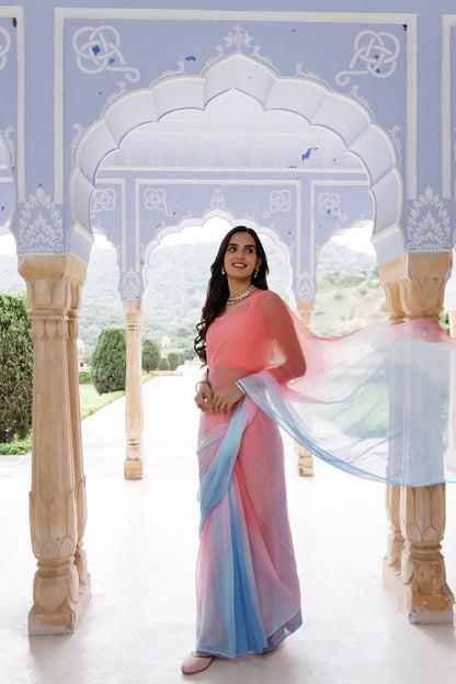 Women's Pink Blue Shaded Hand Embroidered Mukaish Chiffon Saree