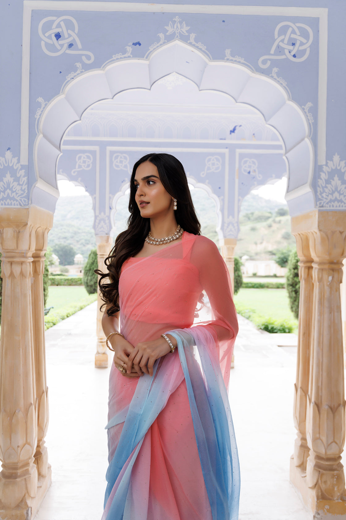 Women's Pink Blue Shaded Hand Embroidered Mukaish Chiffon Saree