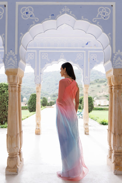 Women's Pink Blue Shaded Hand Embroidered Mukaish Chiffon Saree
