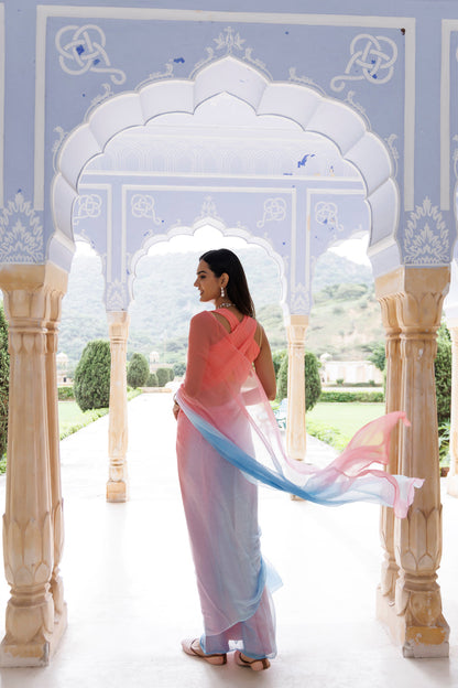 Women's Pink Blue Shaded Hand Embroidered Mukaish Chiffon Saree