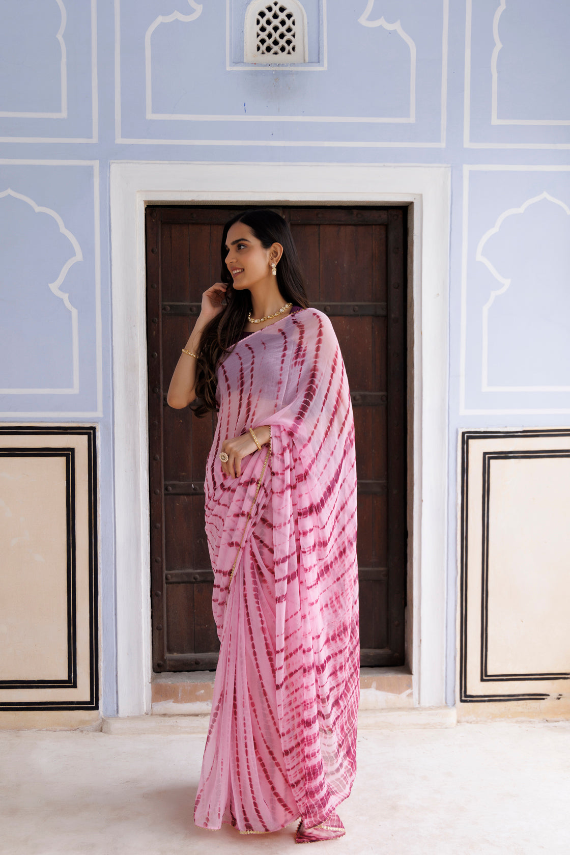 Women's Pink Hand Dyed Shibori Bandhani Chiffon Saree
